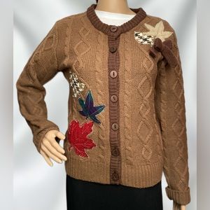 Vintage Cable Knit Cardigan Fall Leaves Autumn Cotttagecore Brown Tan